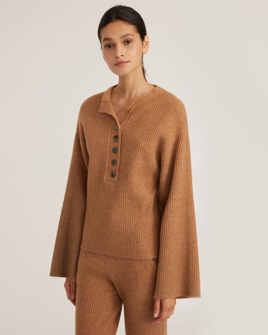 Women Marissa Webb | Arie Ribbed Cashmere Blend Henley Sweater In Camel