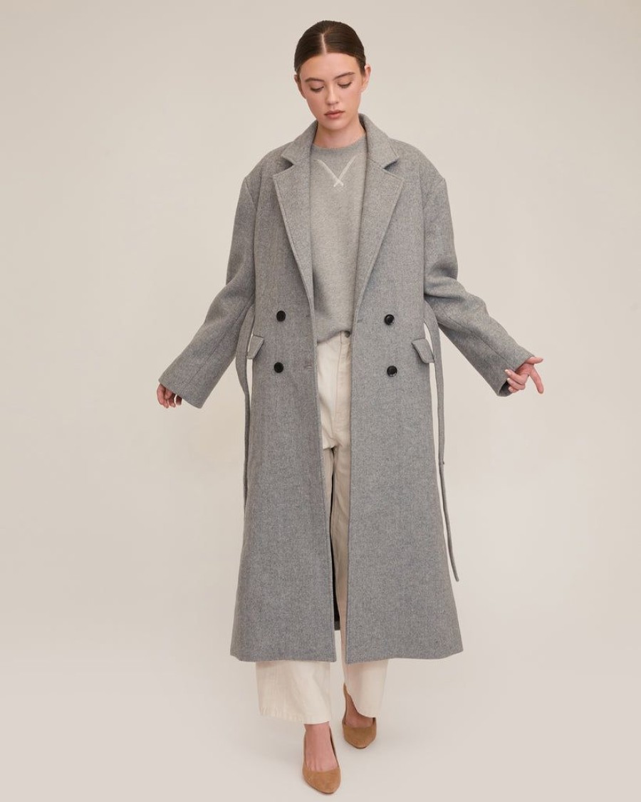 Women Marissa Webb | Baylor Double Breasted Wool Overcoat Grey Wool Herringbone