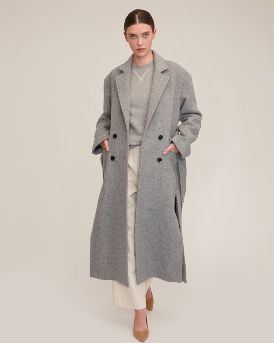 Women Marissa Webb | Baylor Double Breasted Wool Overcoat Grey Wool Herringbone