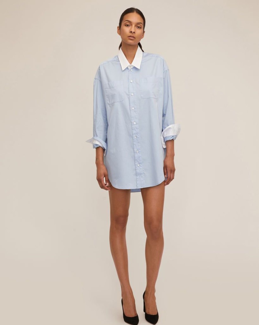 Women Marissa Webb | Davie Sateen Mini Dress Shirt Periwinkle White Combo