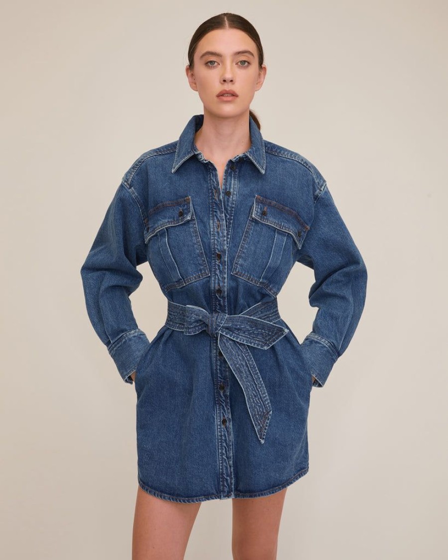 Women Marissa Webb | Skylar Denim Tunic Dress In Indigo Rinse Wash