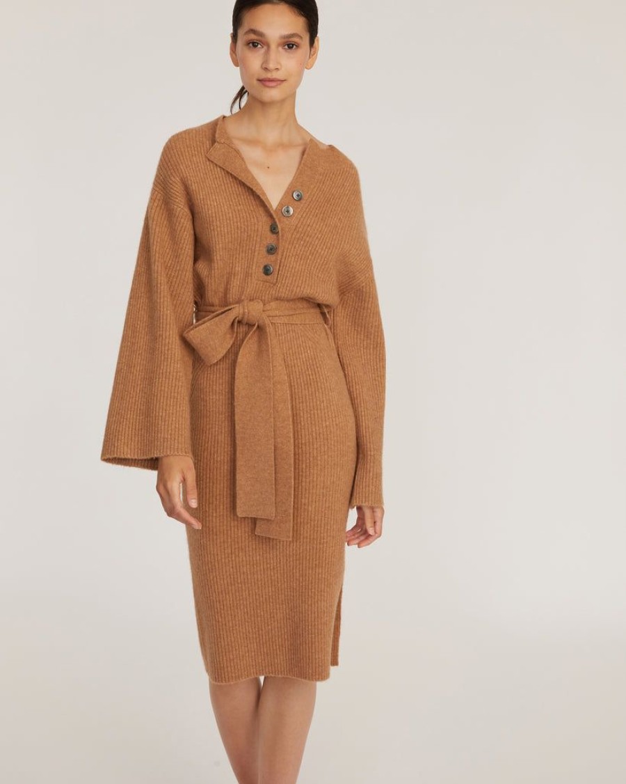 Women Marissa Webb | Arie Ribbed Cashmere Blend Henley Midi Sweater Dress In Camel