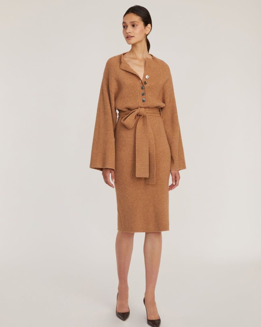 Women Marissa Webb | Arie Ribbed Cashmere Blend Henley Midi Sweater Dress In Camel