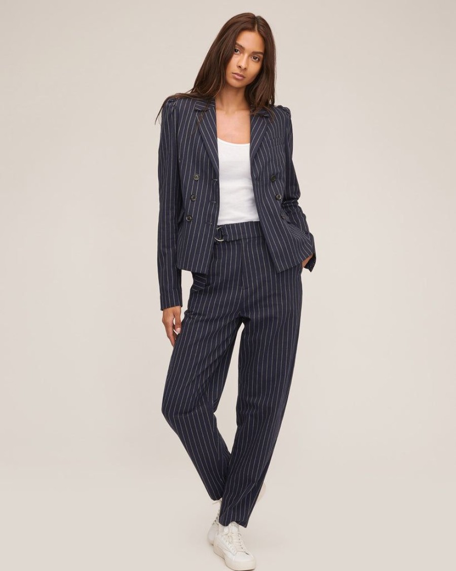 Women Marissa Webb | Noel Double Breasted Pinstripe Shirt Blazer Navy Beige Pinstripe