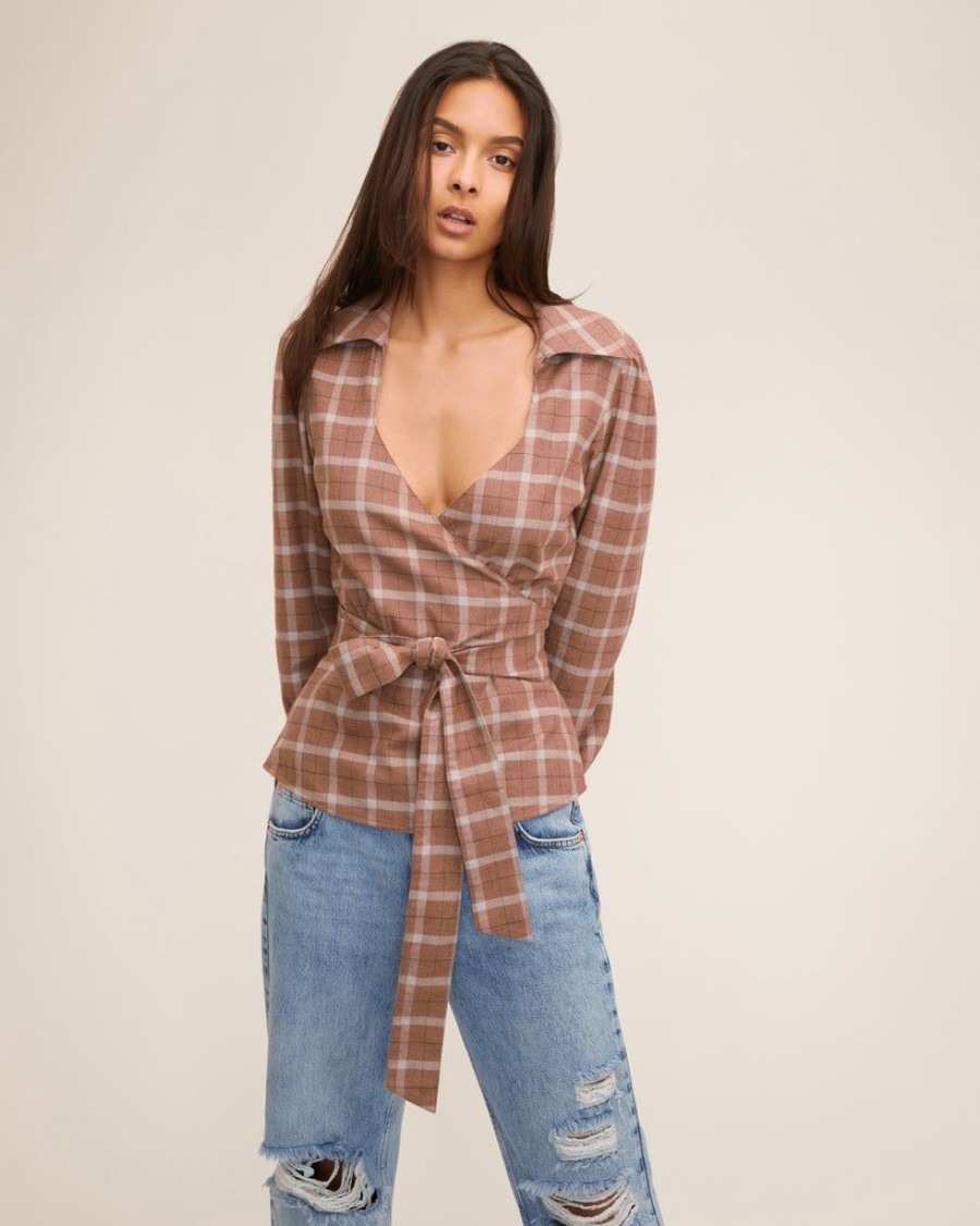 Women Marissa Webb | Mia Lightweight Flannel Wrap Top Mesa Tan Plaid