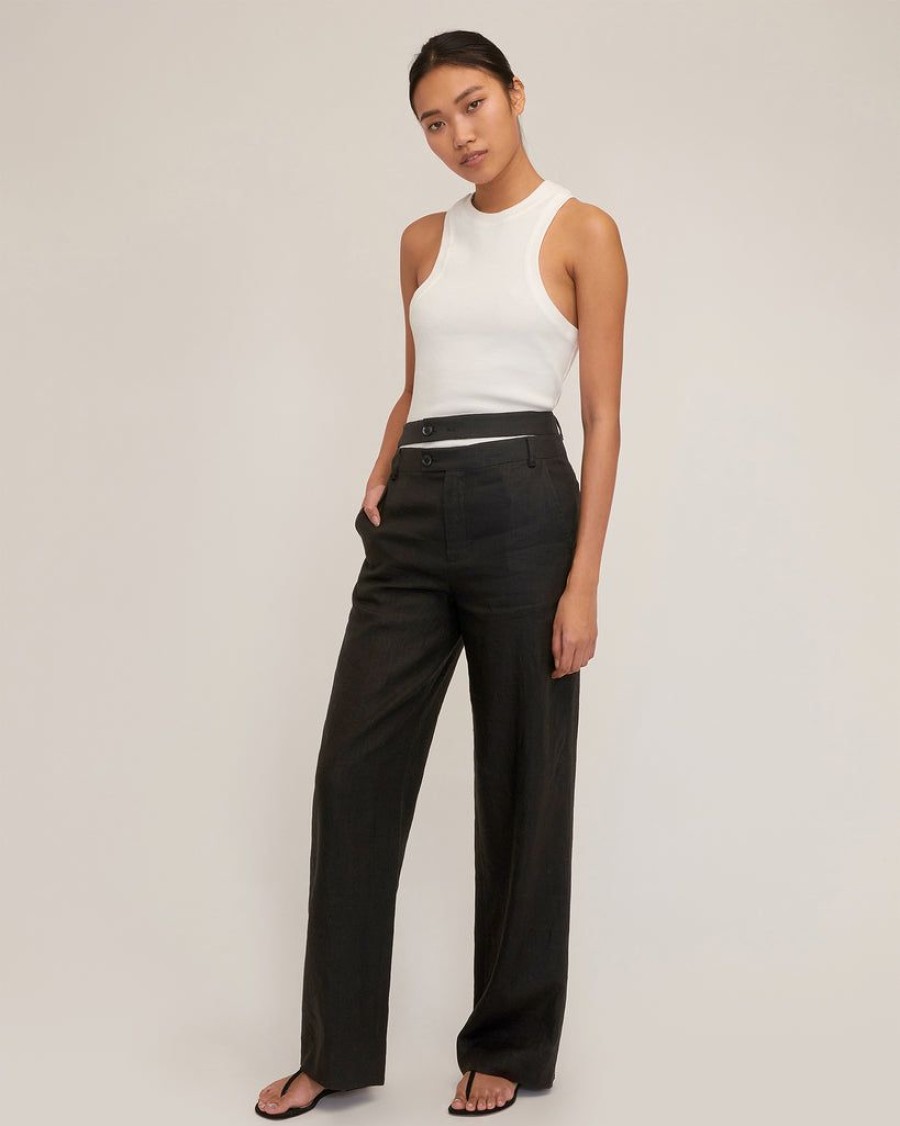 Women Marissa Webb | Theo Linen Double Waist Trouser In Black Linen Black