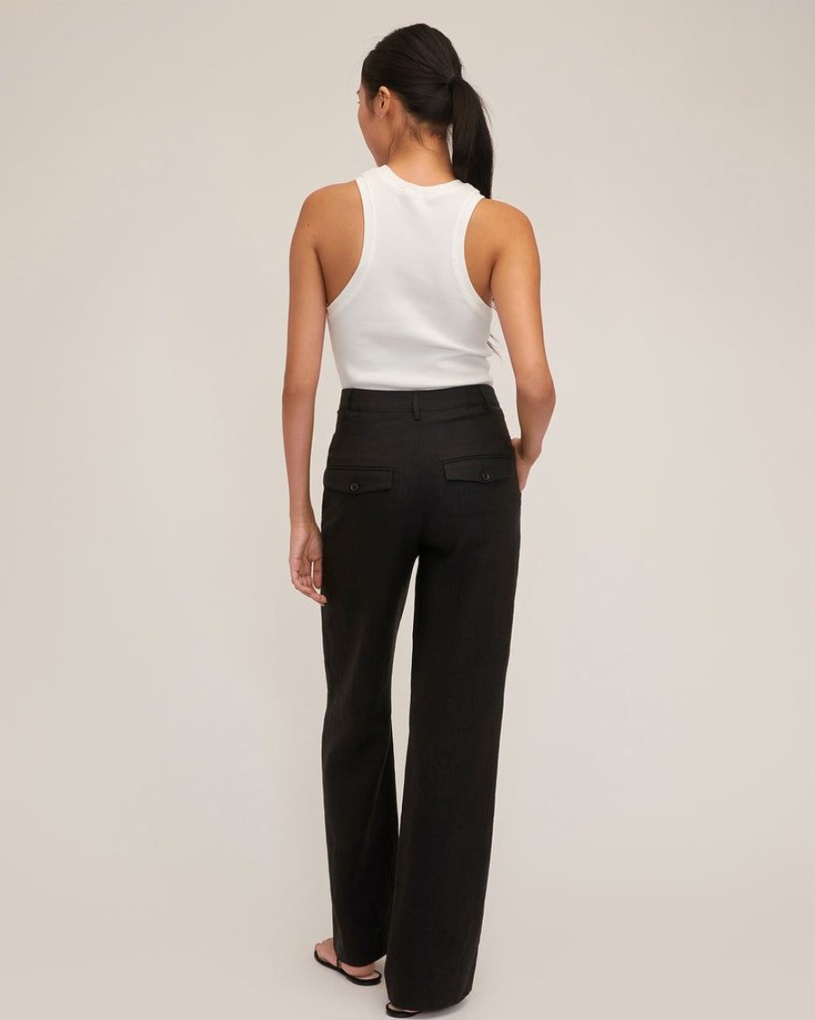 Women Marissa Webb | Theo Linen Double Waist Trouser In Black Linen Black