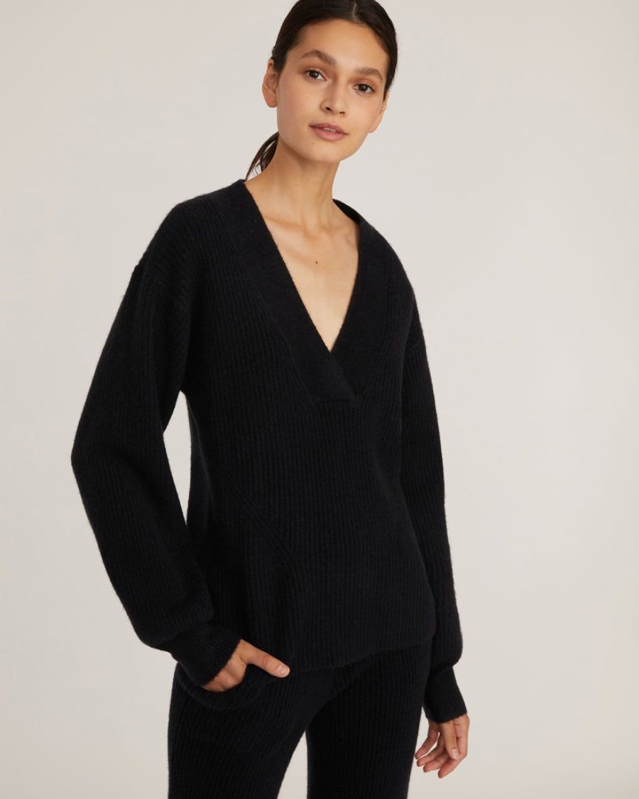 Women Marissa Webb | Fritz Ribbed Cashmere Blend V Neck Sweater In Black