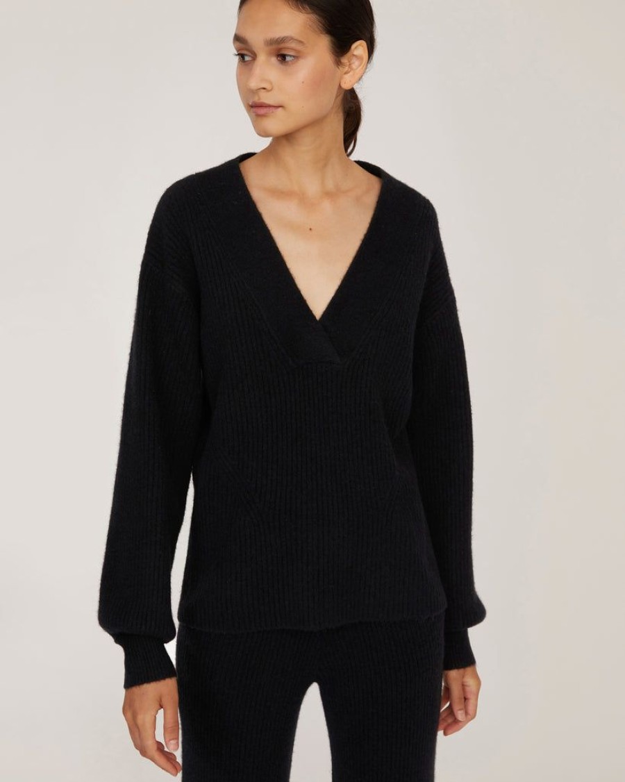 Women Marissa Webb | Fritz Ribbed Cashmere Blend V Neck Sweater In Black