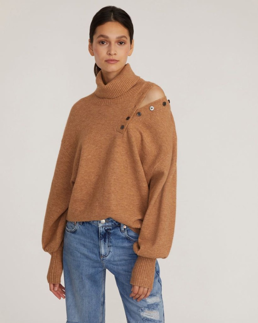 Women Marissa Webb | Blake Button Cashmere Blend Turtleneck Sweater In Camel