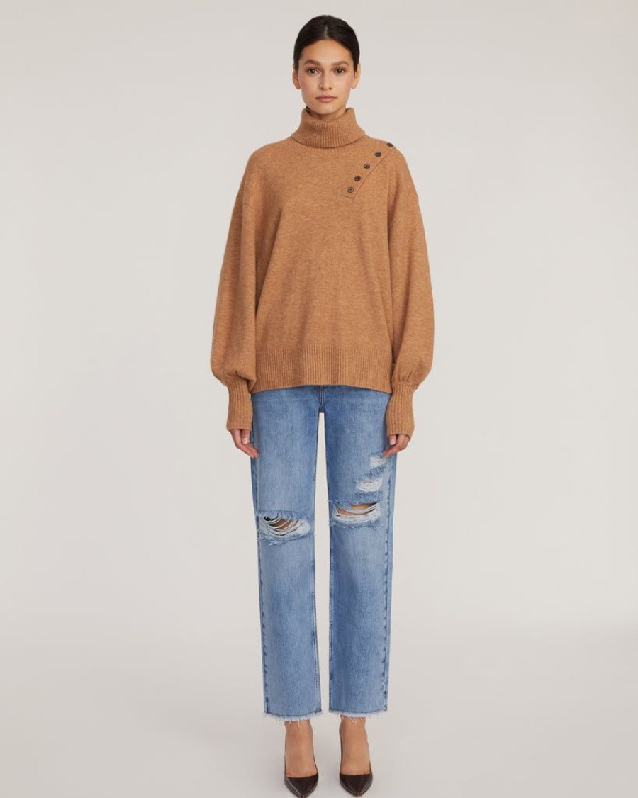 Women Marissa Webb | Blake Button Cashmere Blend Turtleneck Sweater In Camel