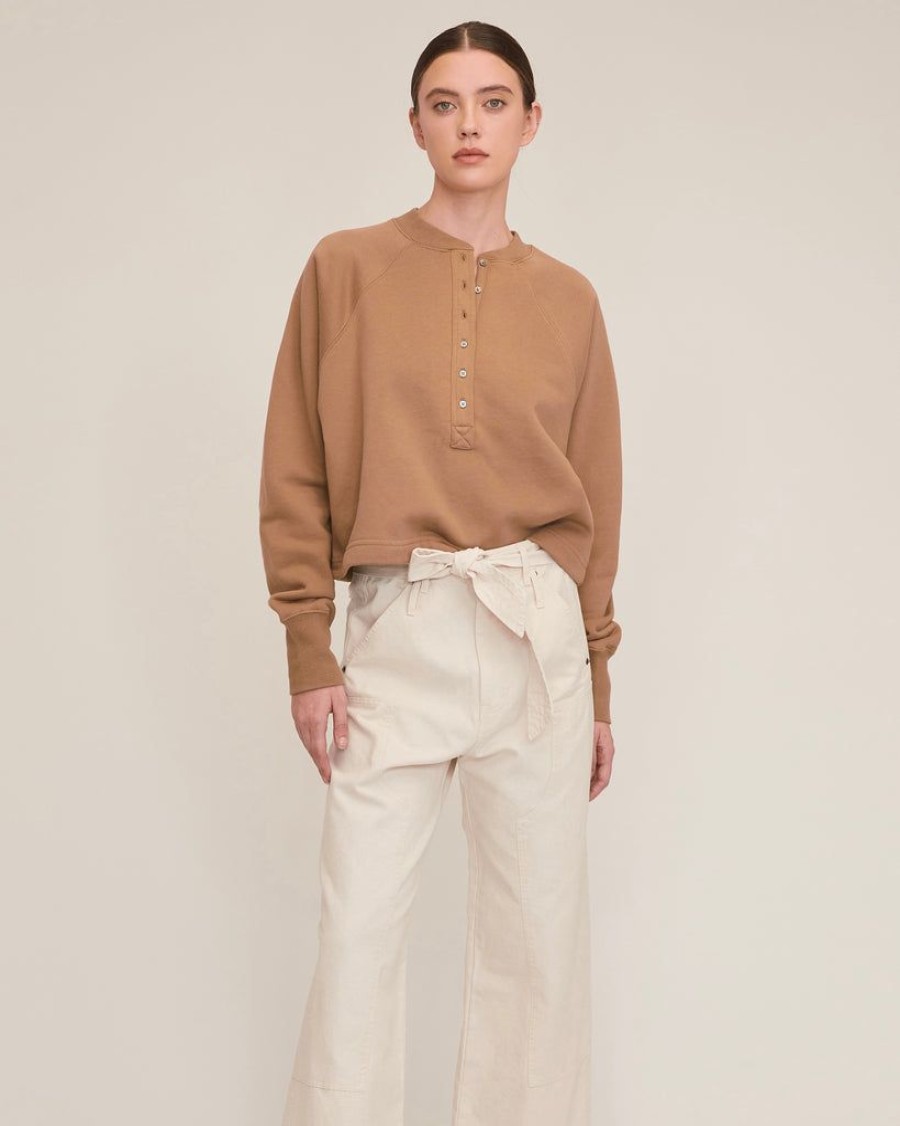 Women Marissa Webb | So Uptight Plush Plunge Henley Sweatshirt In Light Mocha