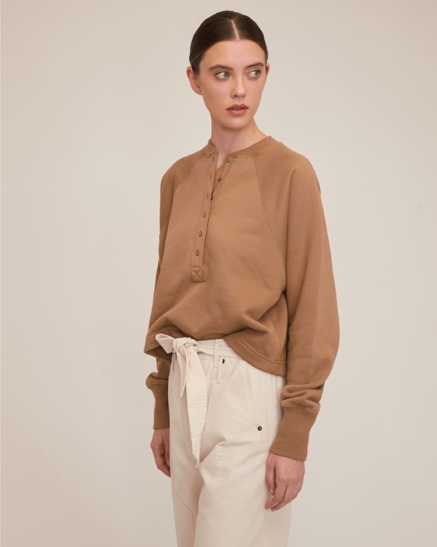 Women Marissa Webb | So Uptight Plush Plunge Henley Sweatshirt In Light Mocha