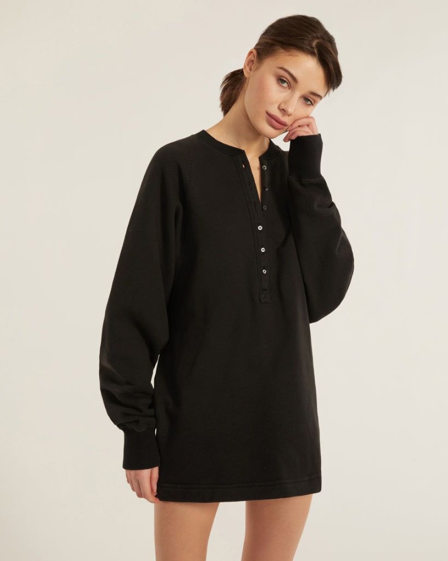 Women Marissa Webb | So Uptight French Terry Plunge Henley Sweatshirt Dress In Black