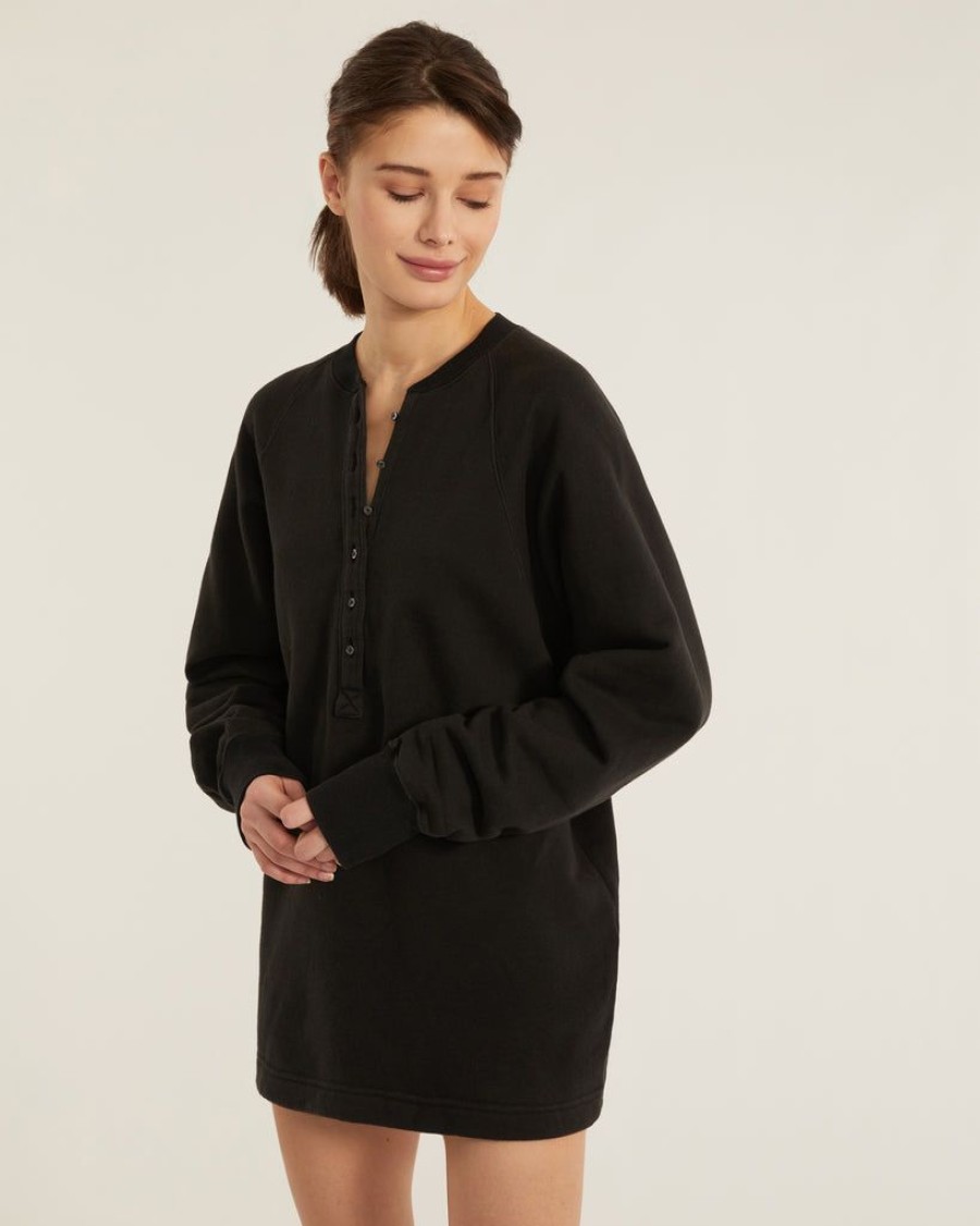 Women Marissa Webb | So Uptight French Terry Plunge Henley Sweatshirt Dress In Black