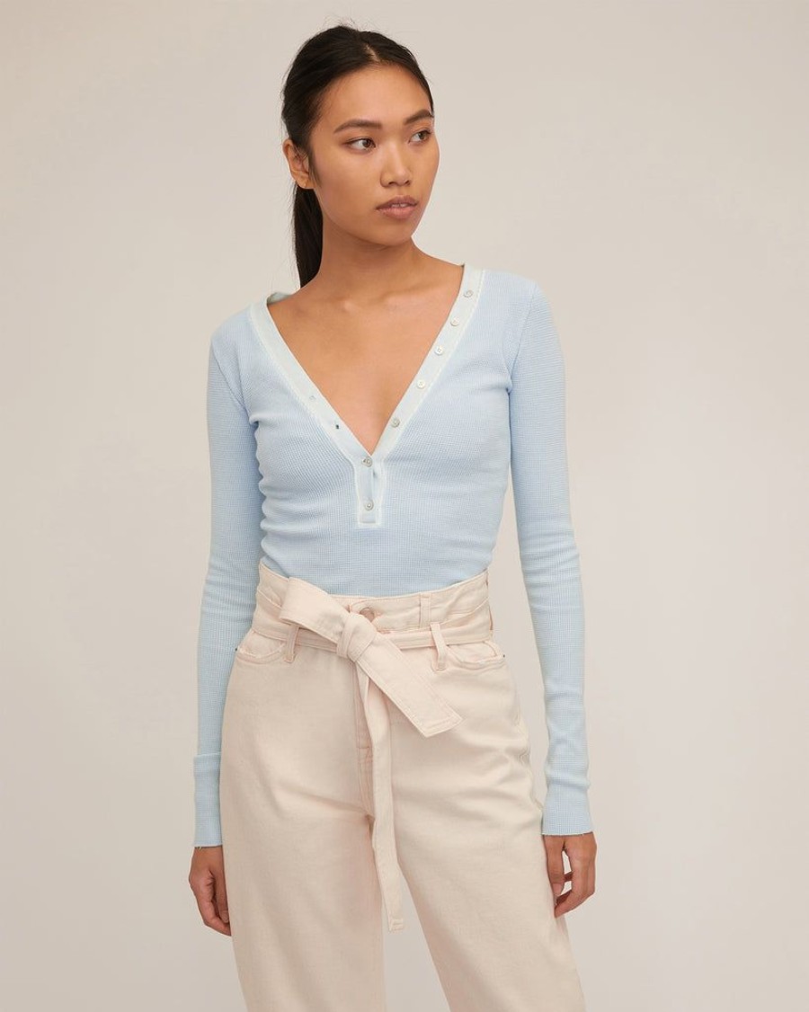 Women Marissa Webb | Stretch Waffle Sloan Slim Knit Henley In Sky Blue