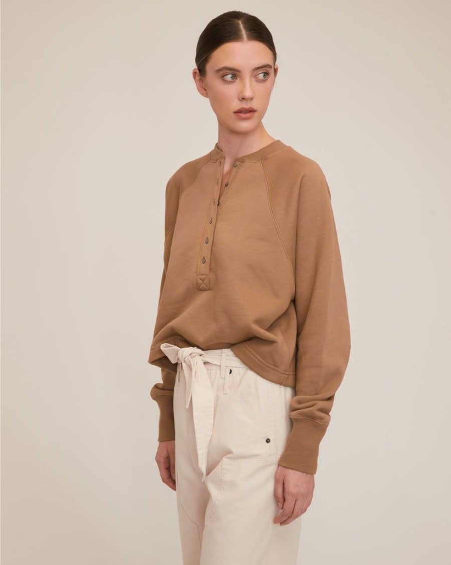 Women Marissa Webb | So Uptight Plush Plunge Henley Sweatshirt In Light Mocha