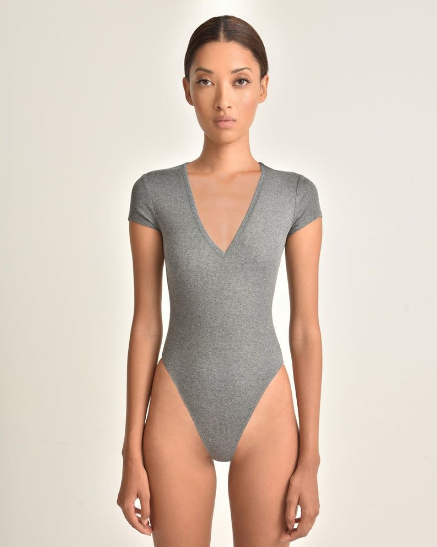 Women Marissa Webb | Dani V Neck Ribbed Body Suit In Heather Grey