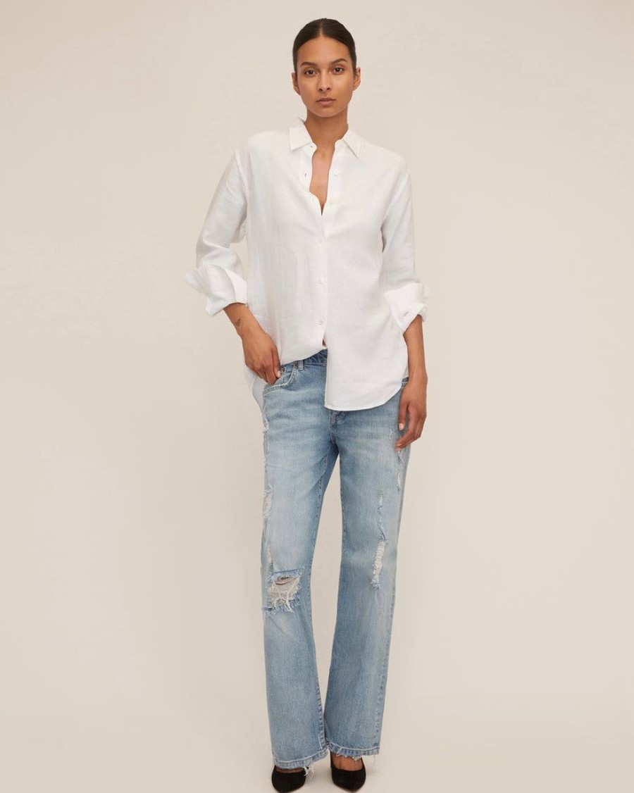 Women Marissa Webb | Dallas Linen Boyfriend Button Down With Obi Belt Linen White