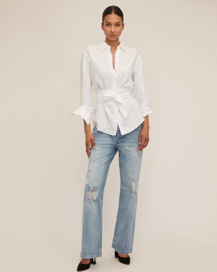 Women Marissa Webb | Dallas Linen Boyfriend Button Down With Obi Belt Linen White