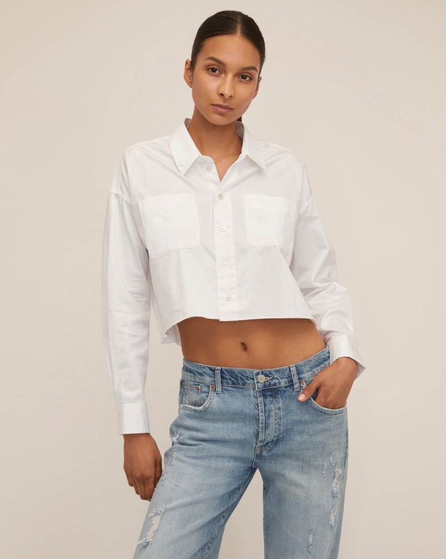 Women Marissa Webb | Davie Cropped Sateen Boyfriend Button Down Washed White