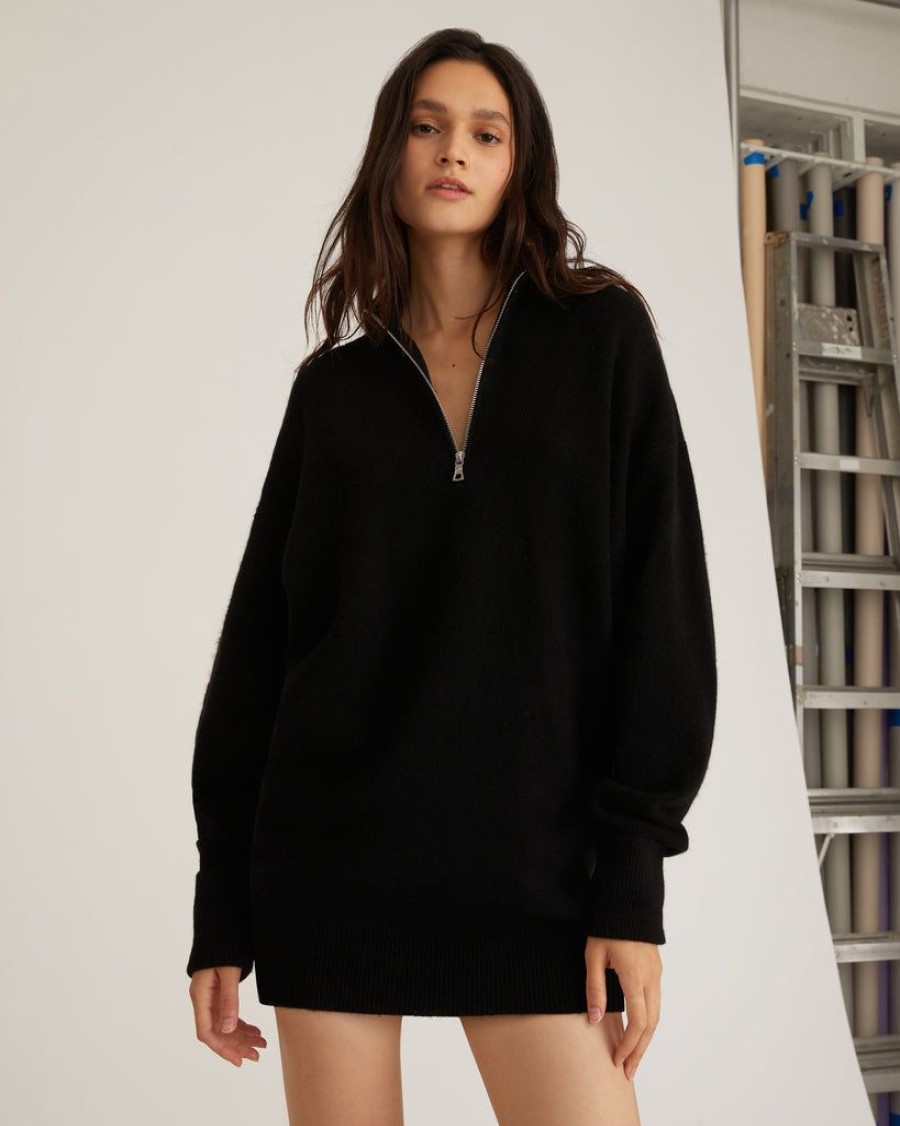 Women Marissa Webb | Wesley Slouchy Zip Front Cashmere Blend Sweater Dress In Black