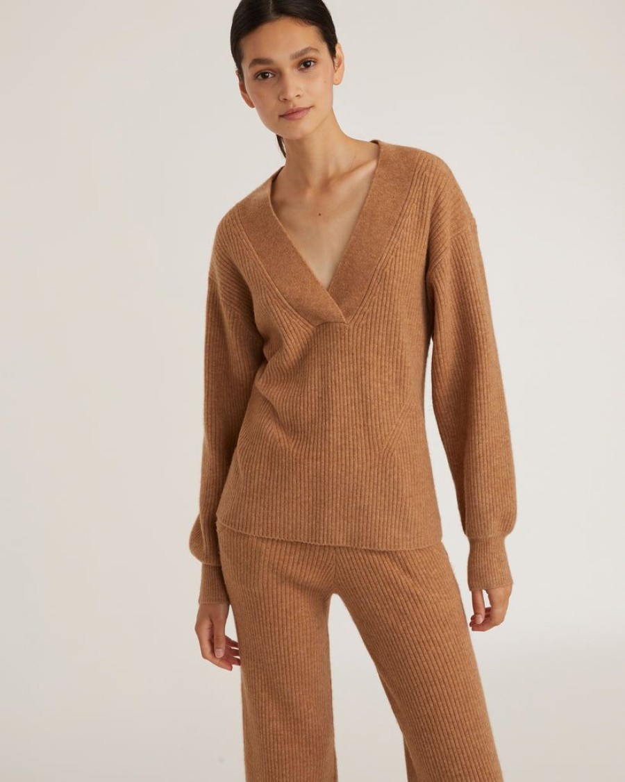 Women Marissa Webb | Fritz Ribbed Cashmere Blend V Neck Sweater In Camel