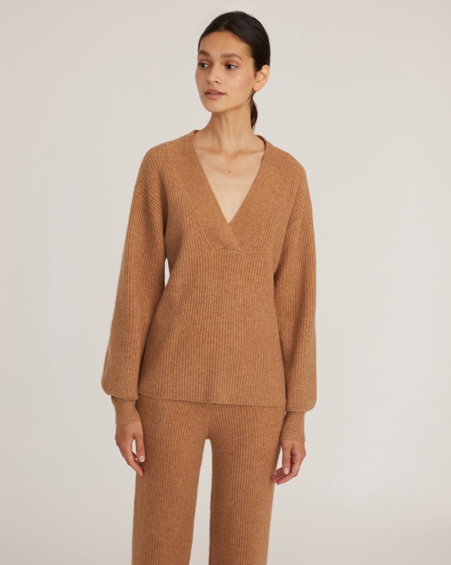 Women Marissa Webb | Fritz Ribbed Cashmere Blend V Neck Sweater In Camel