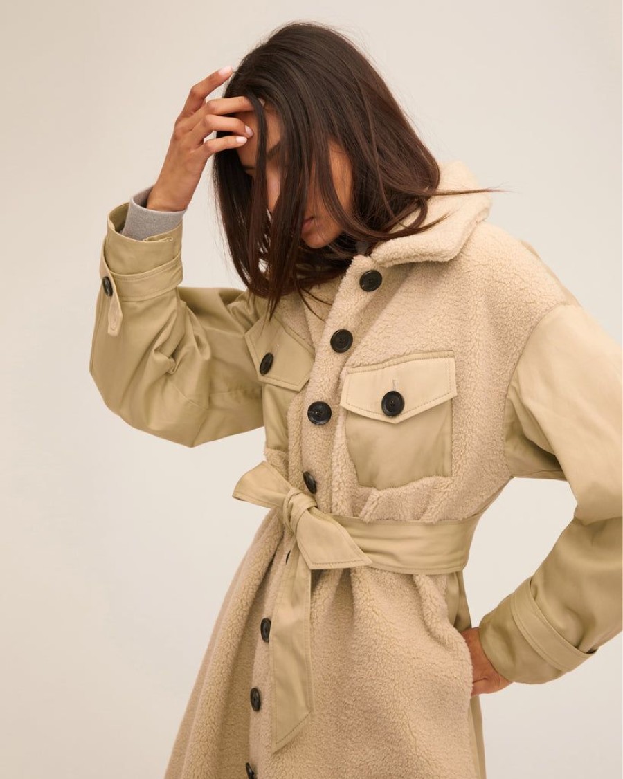 Women Marissa Webb | Frankie Sherpa Coated Canvas Trench French Beige Combo