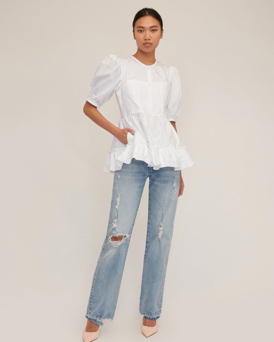 Women Marissa Webb | Freya Oxford Corset Seamed Blouse White Combo