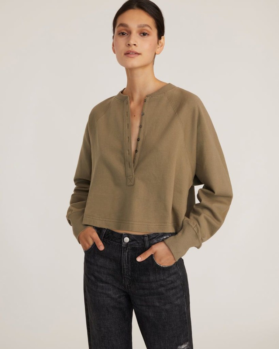 Women Marissa Webb | So Uptight Fine French Terry Plunge Henley Sweatshirt Moss