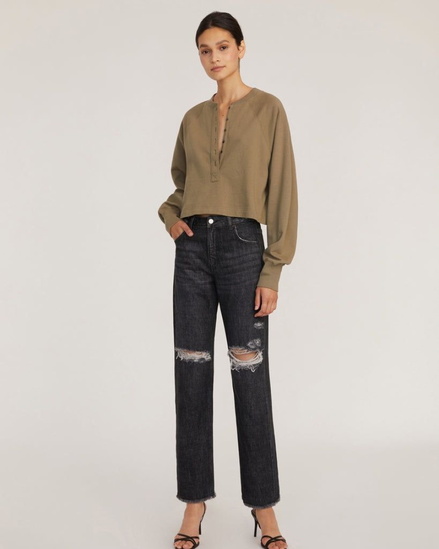 Women Marissa Webb | So Uptight Fine French Terry Plunge Henley Sweatshirt Moss