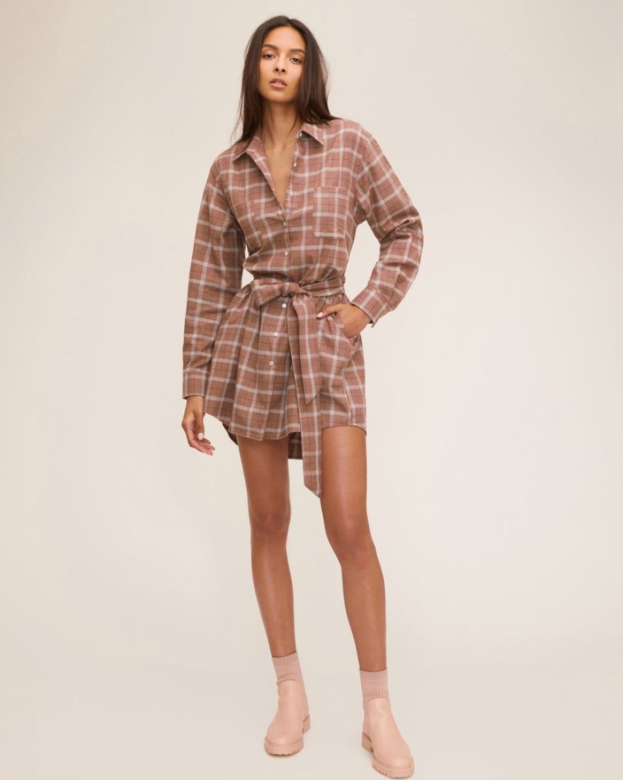 Women Marissa Webb | Brett Lightweight Flannel U-Back Mini Dress Mesa Tan Plaid