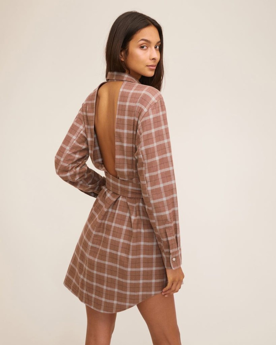 Women Marissa Webb | Brett Lightweight Flannel U-Back Mini Dress Mesa Tan Plaid